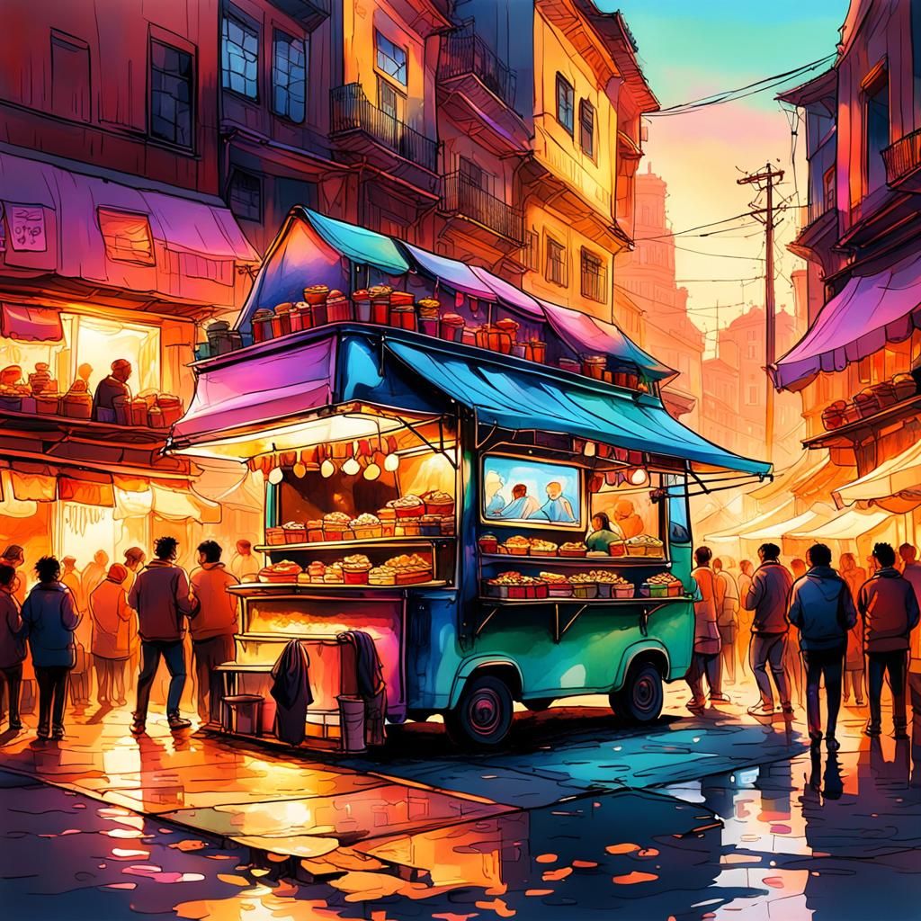 Street Food Van Panorama in Ink Drawing Style