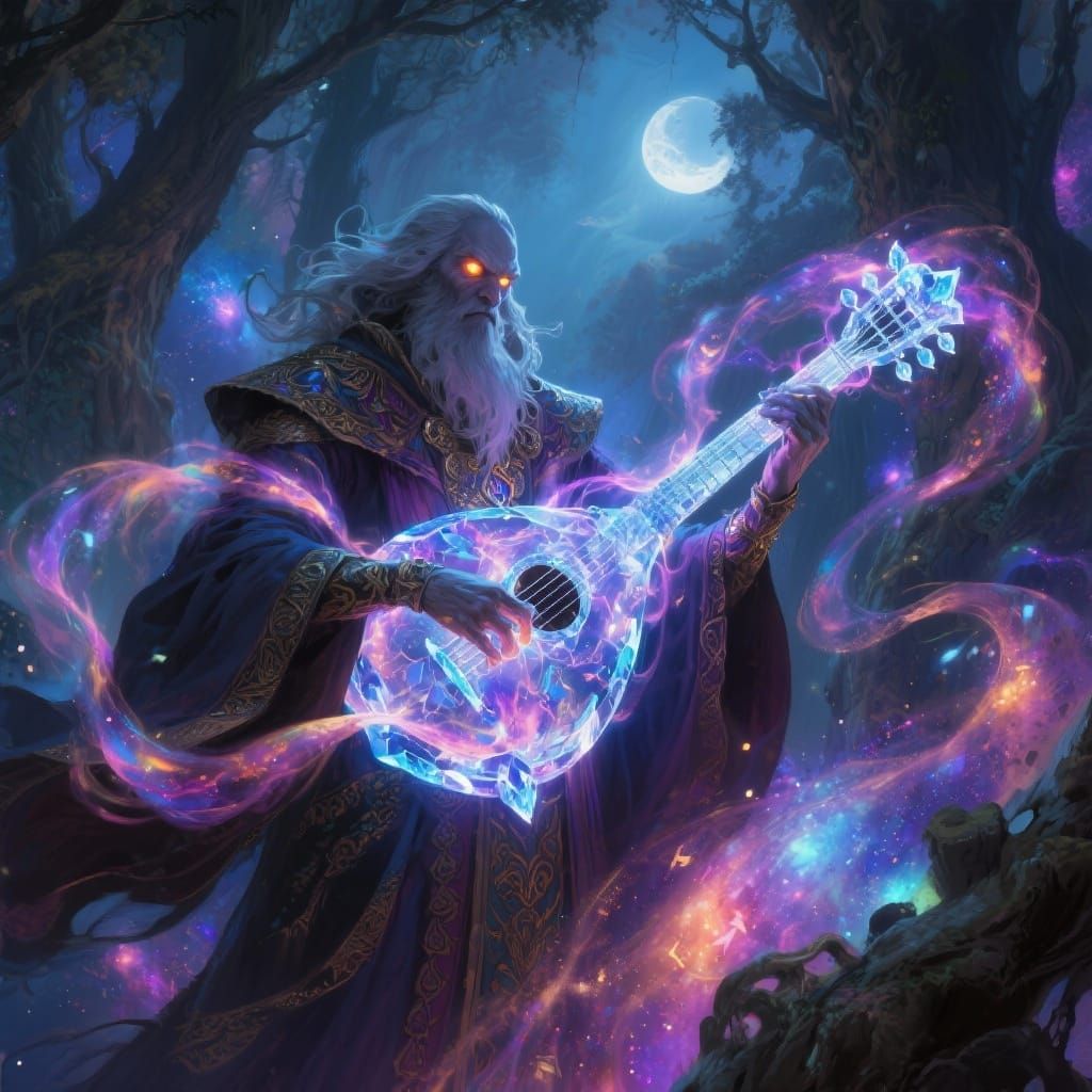 Sorcerer Conjures Magic from Crystalline Lute in Fantasy Art