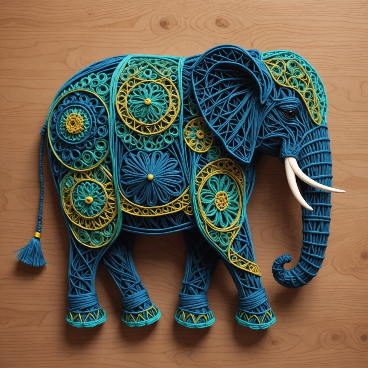 Blue Macrame Elephant in Pointillist Style