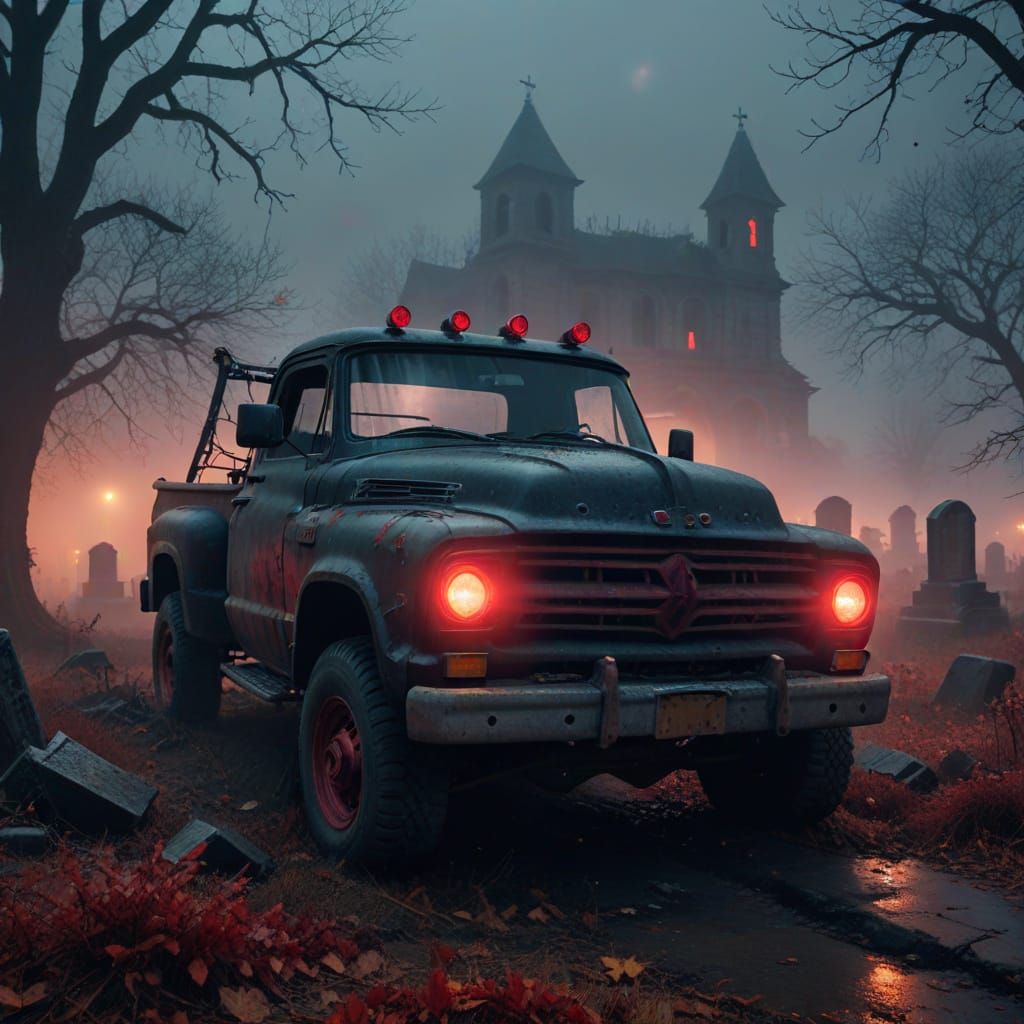 Demonic Pickup Truck in Abandoned Cemetery: Digital Art