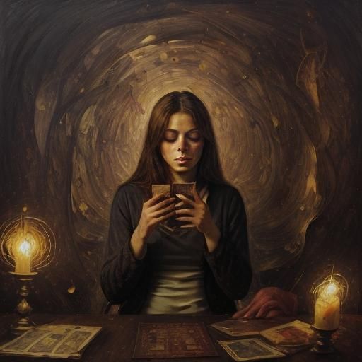 Mysterious Woman Deciphers Tarot in Expressionist Oil Painti...