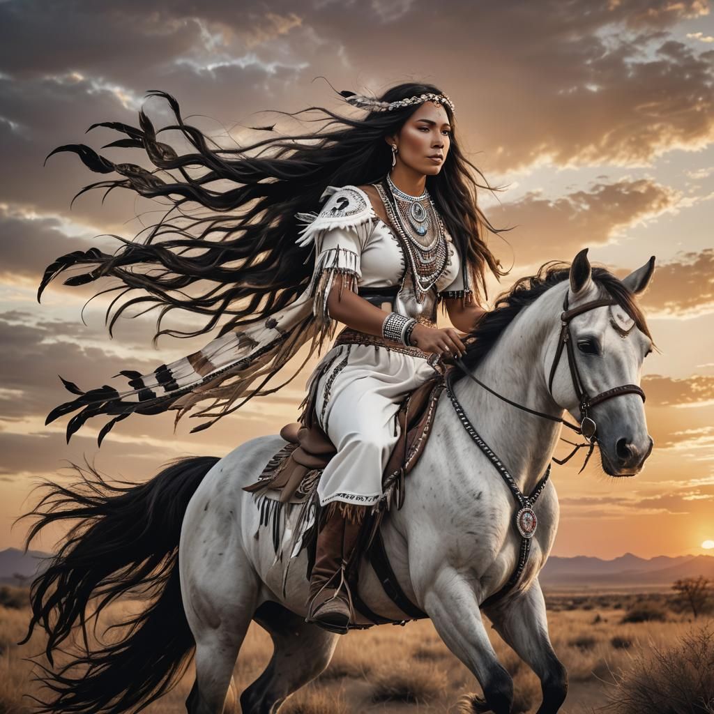 A stunning image of a majestic black-and-white horse with a Native American woman riding it. She is dressed in tradition...