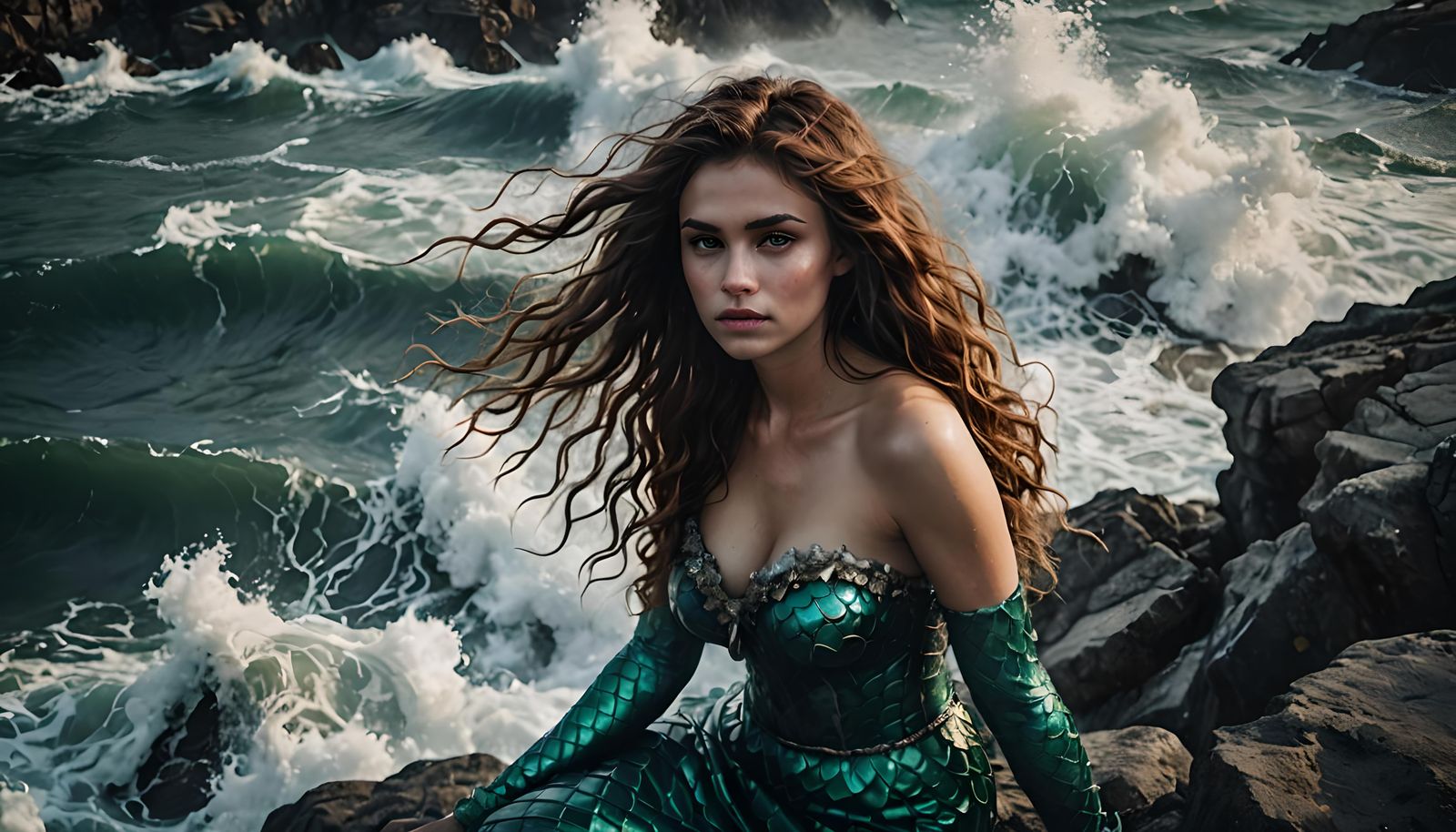 Mermaid on Rocky Cliff in Hyperrealistic Style