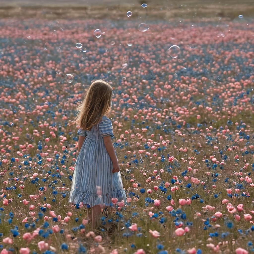 Child in Dreamscape with Poppies and Bubbles