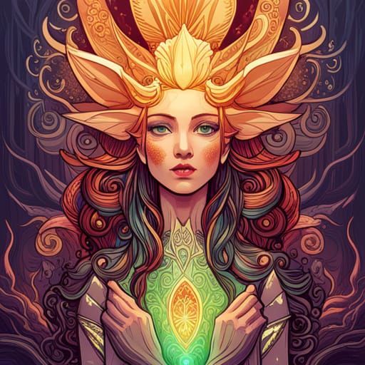 Queen of Elves in Luminous Colors and Golden Outlines