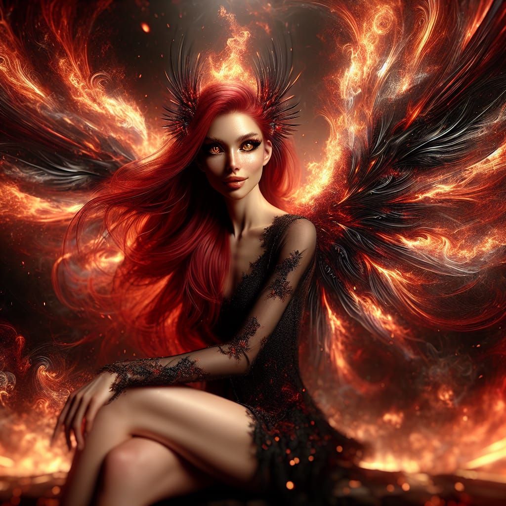 Fiery Woman with Flame Wings in Voluminous Light