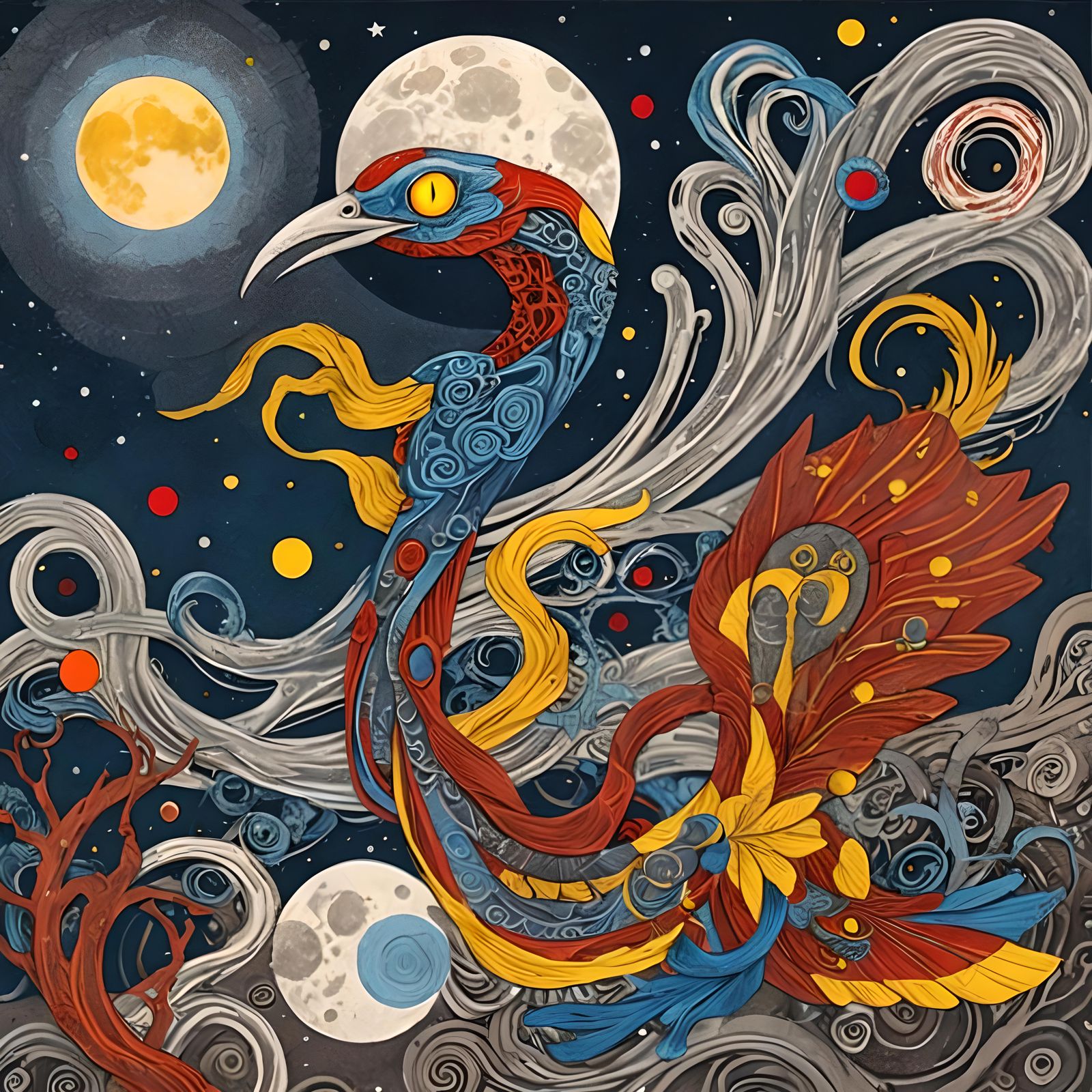 Japanese Yokai Bird in Raypunk Style