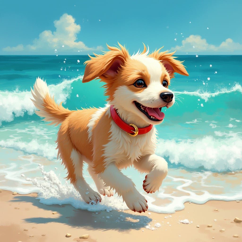 Playful Dog Runs Near Turquoise Ocean