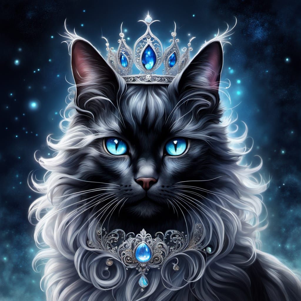 Black Cat with Blue Eyes Wearing Silver Tiara