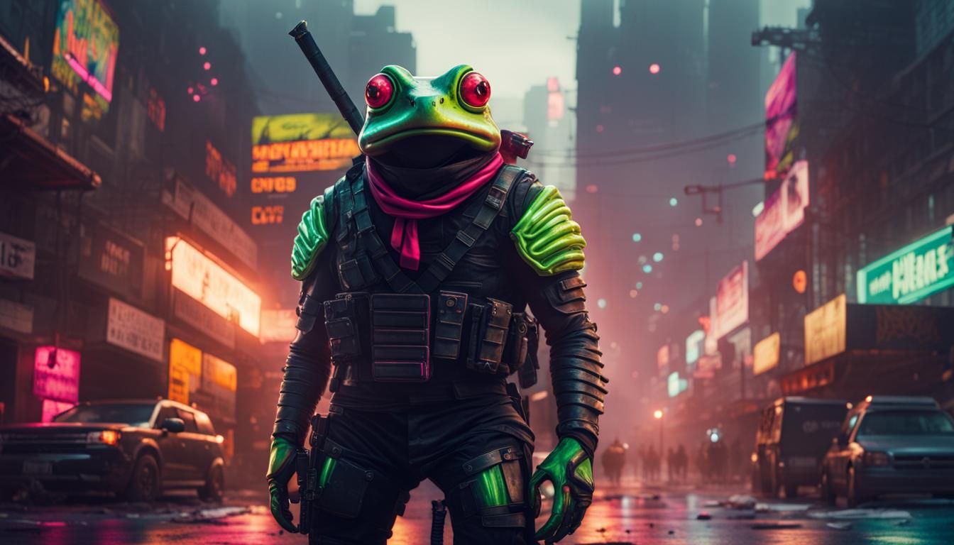 Armored Ninja Frog in Dystopian Neon City