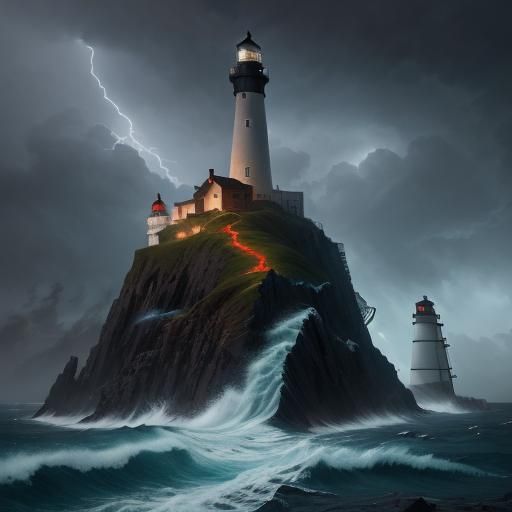 Guiding Lighthouse Amidst Storm, Fantasy Concept Art