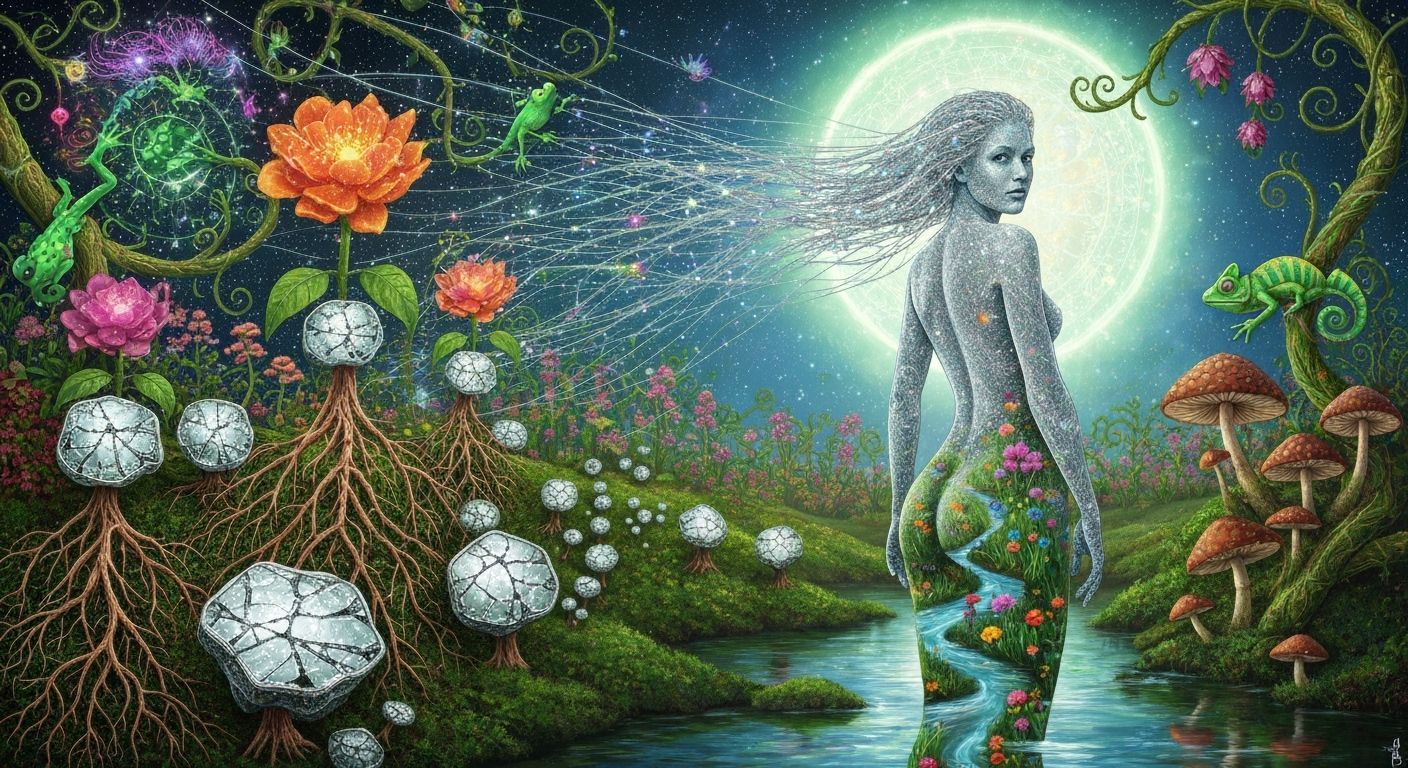 Woman Merging with Cosmic Garden in Psychedelic Eco-Art Styl...