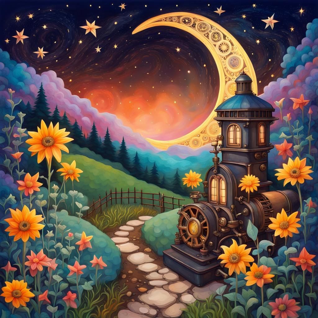 Vivid Steampunk Night Garden Under Moonlight