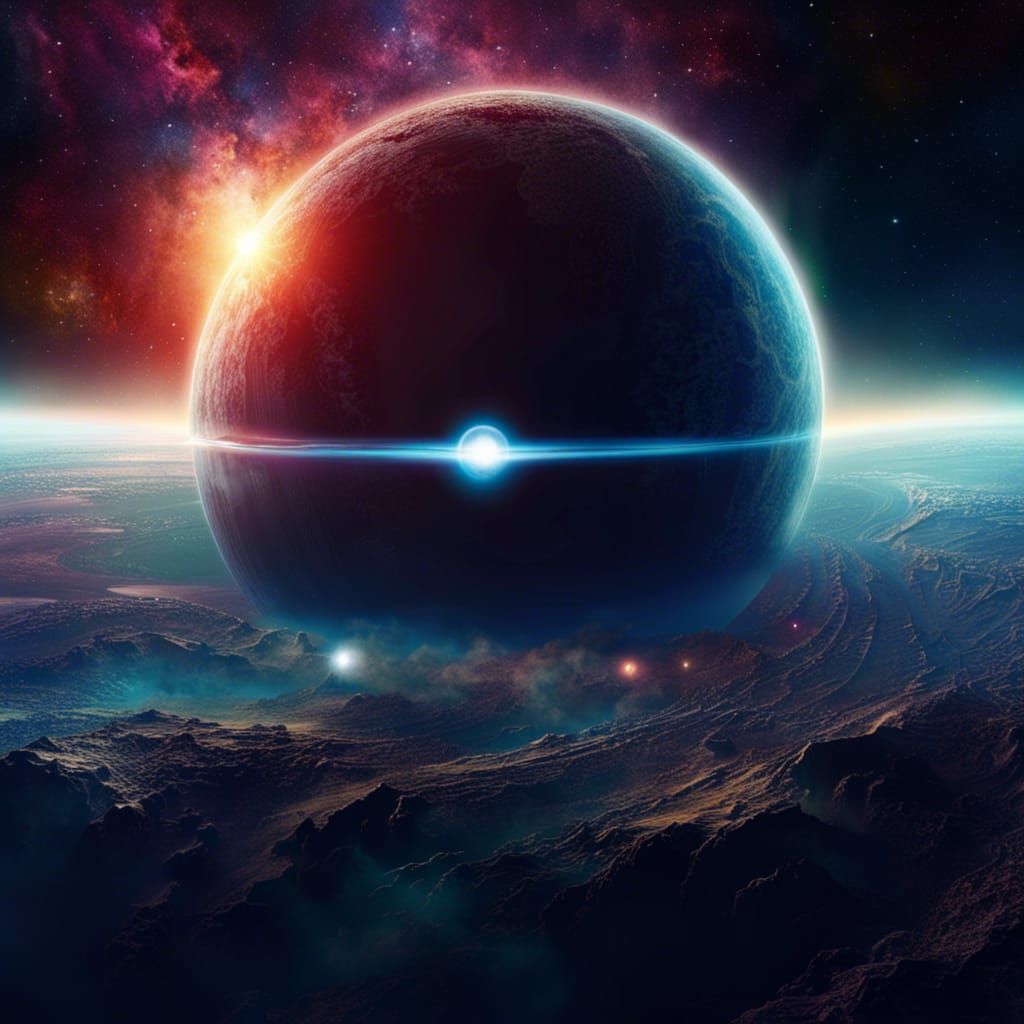 Ringed Earth-like Planet with Spaceship and Nebula