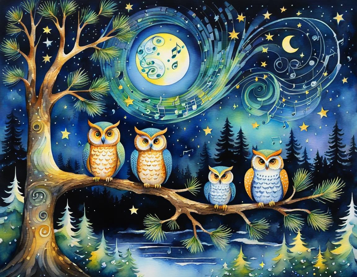 Ethereal Owl Family in Pointillist Watercolor