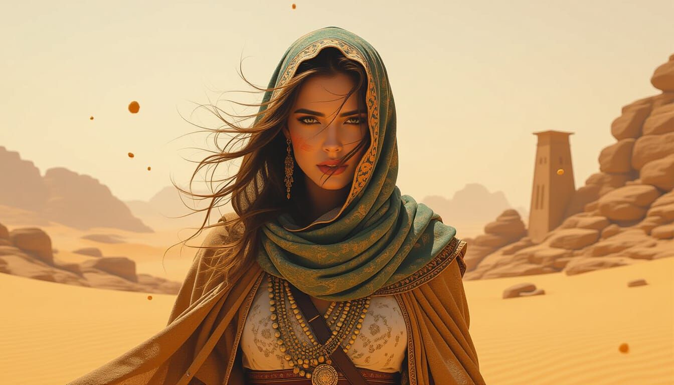 Nomad Queen Portrait in Desert Sandstorm, Manhwa Style