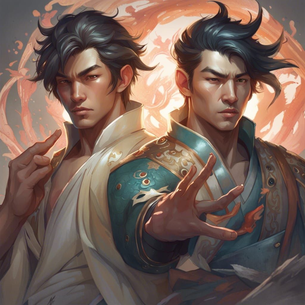 Asian Men Holding Hands with Monsters: Detailed Portrait