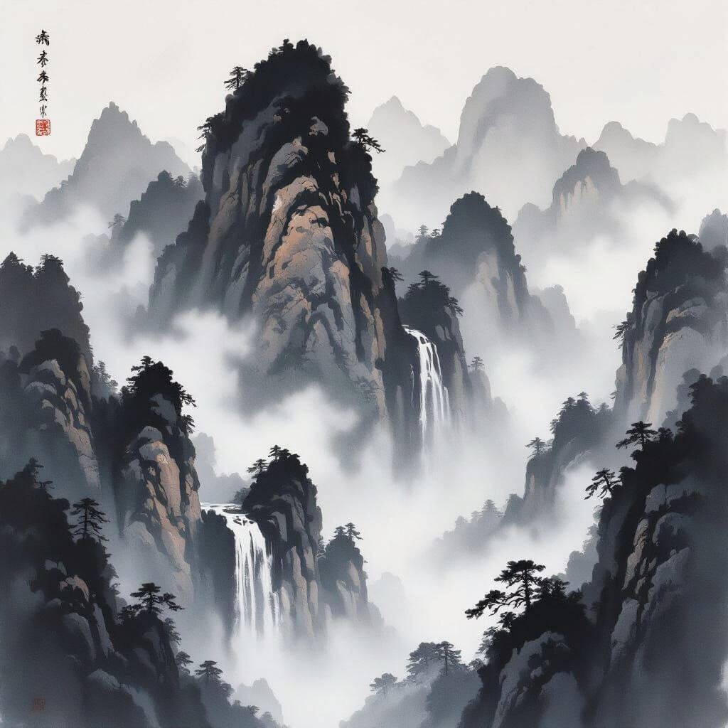 Monochromatic Ink Wash Mountain Landscape Painting