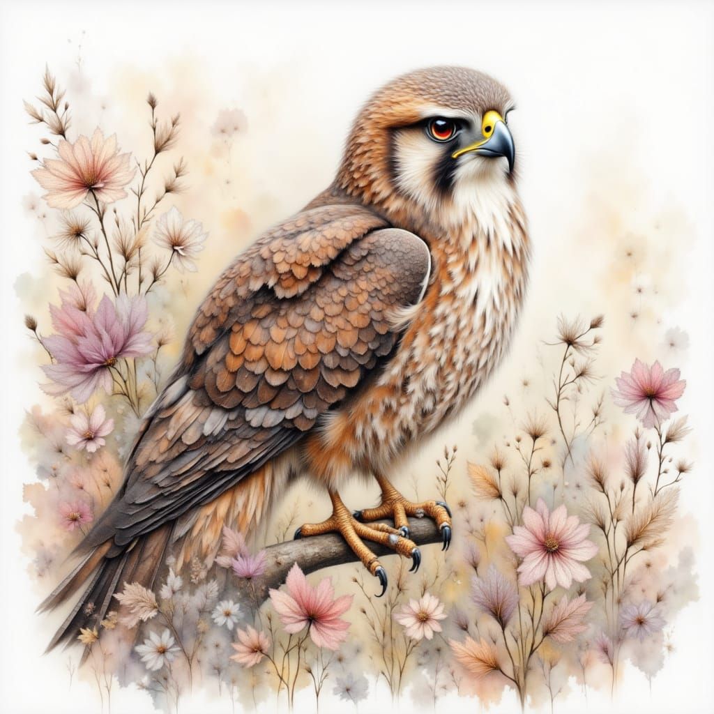 Hawk in Misty Haze Watercolor Drawing