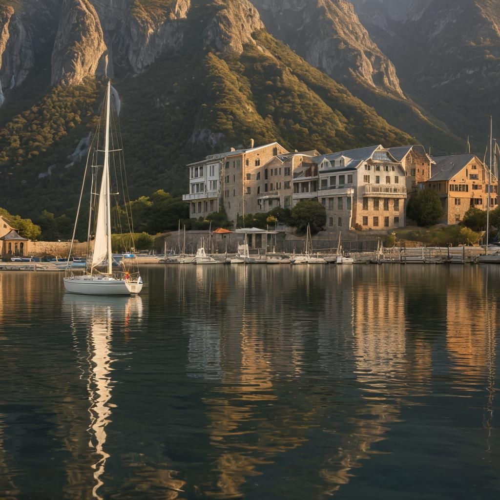 Scenic Waterscape with Sailboat and Mountains