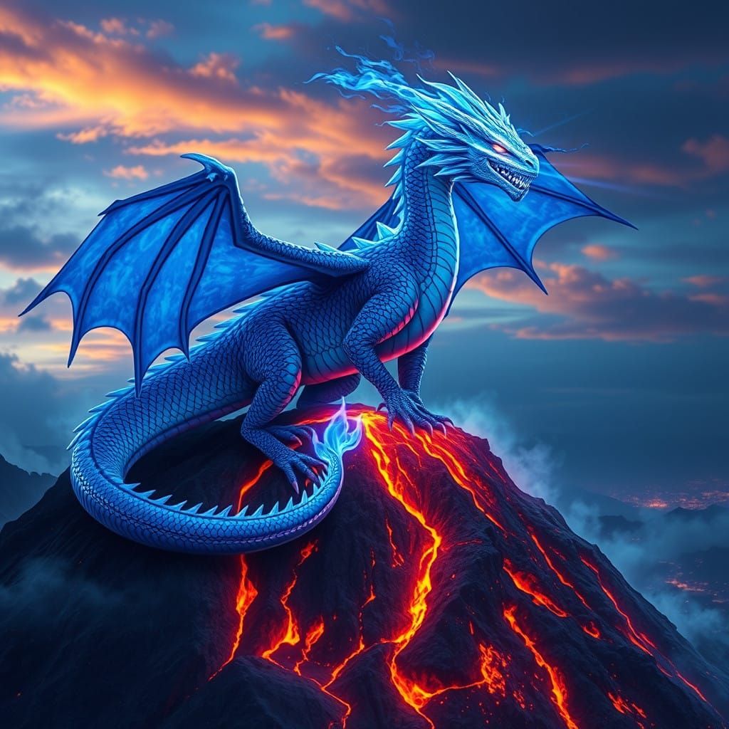 Majestic Blue Fire-Breathing Dragon Perched on Volcano