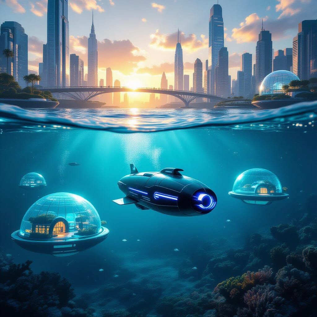 Futuristic Cityscape Half-Submerged: Underwater & Above