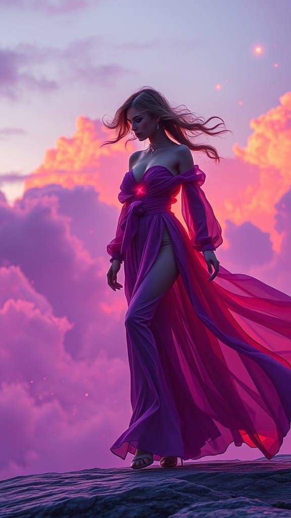 Majestic Purple Fashion Icon Emerges from Vibrant Violet Ski...