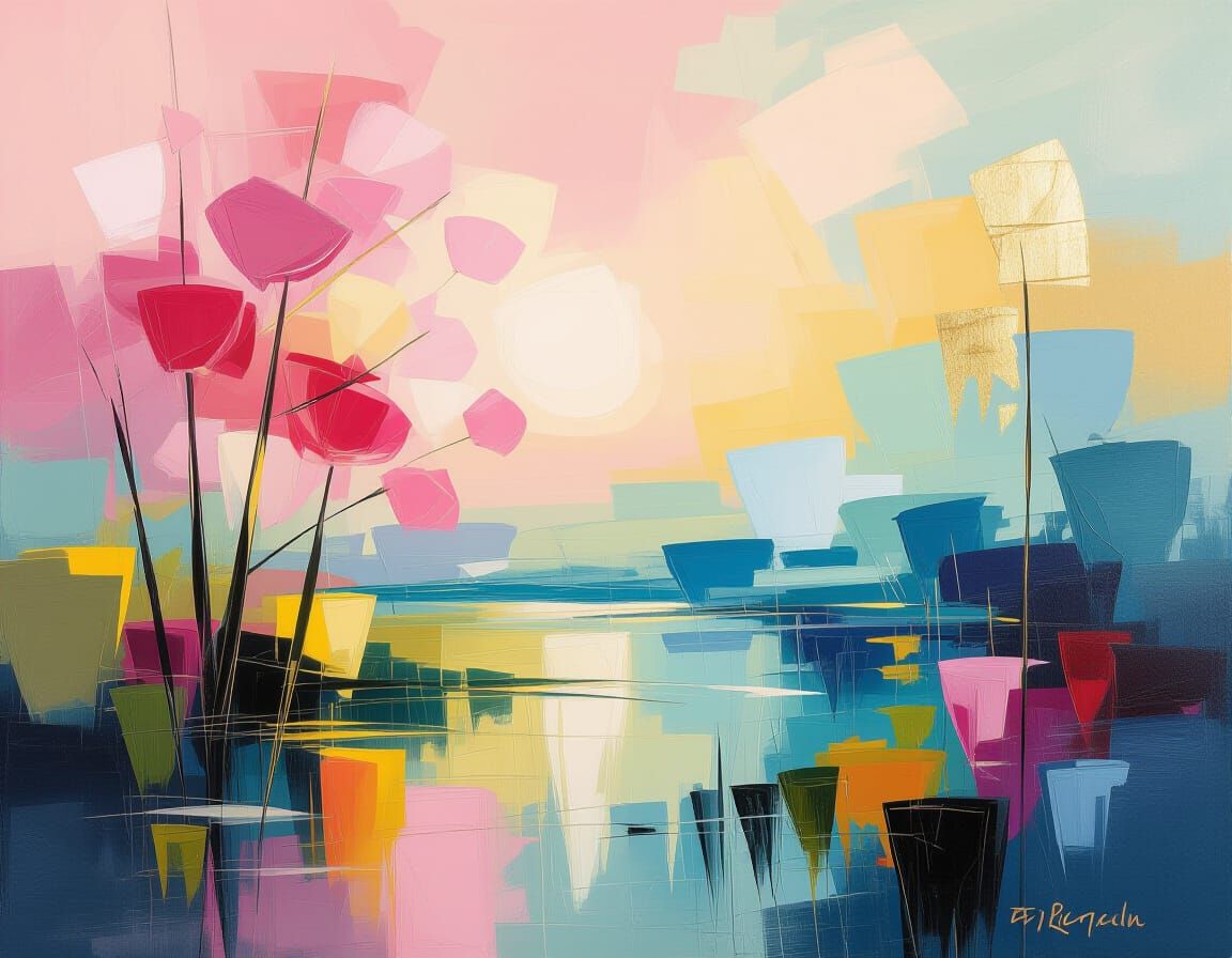 Impressionistic Painting in Radiant Pinks and Blues