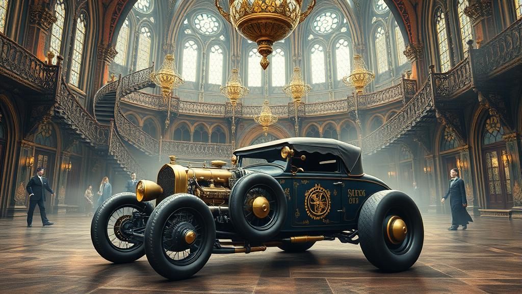 Victorian Hot Rod in Gothic Castle, Surreal Art
