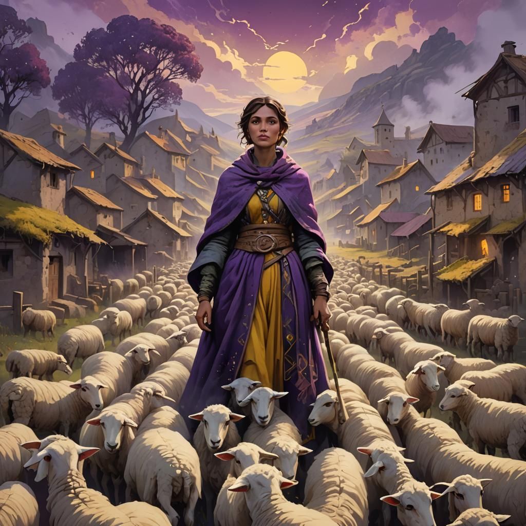 Shepherdess with her flock of sheep in the village
