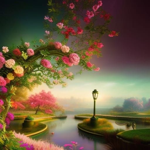 Romantic Fantasy Landscape with Heart Archway