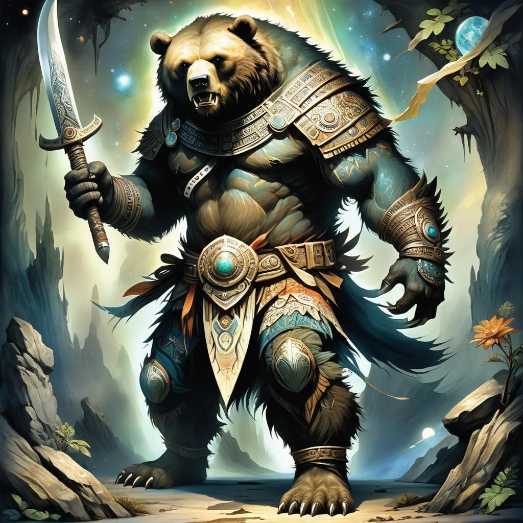 Cosmic Mayan Werebear Warrior in Ethereal Style