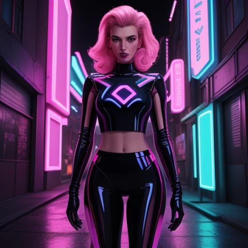 Ukrainian Supermodel in Neon Alleyway, Synthwave Art