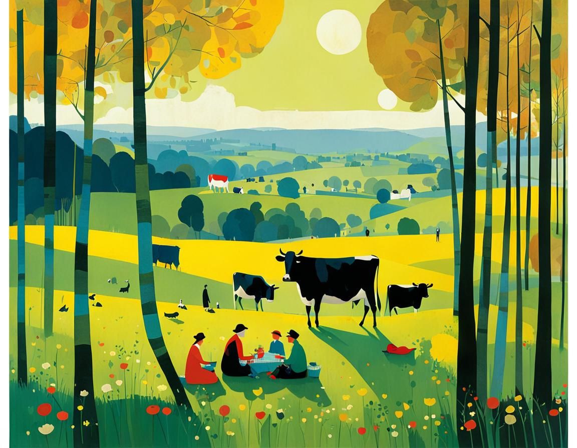 Picnic with Cows in Meadow, Storybook Illustration
