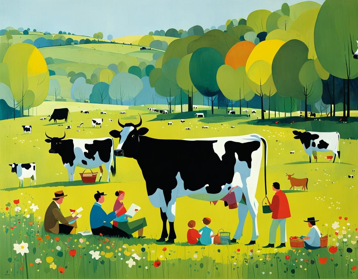 Idyllic Meadow Picnic with Cows, Naive Art Style