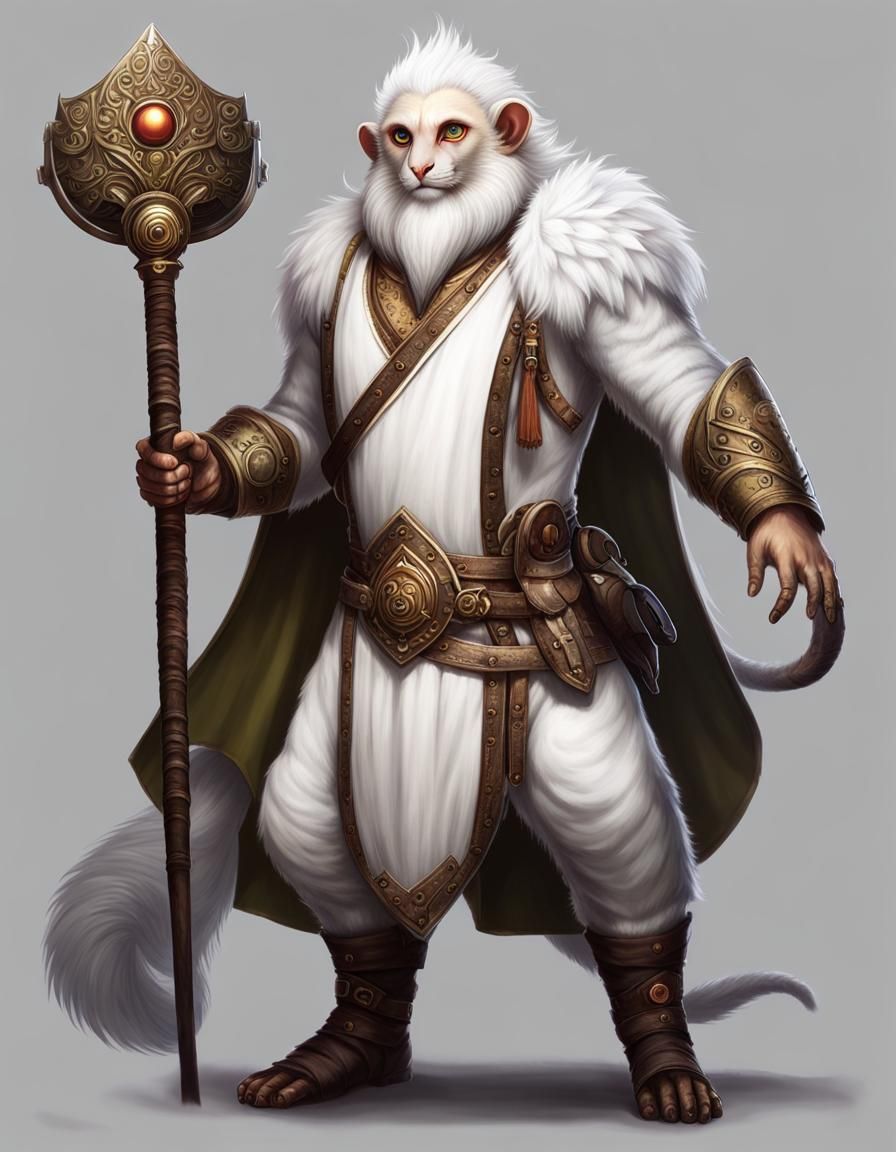 vanara D&D man white marmoset humanoid with long tail and big eyes, perfect hands, perfect tail, full body, trending on ...