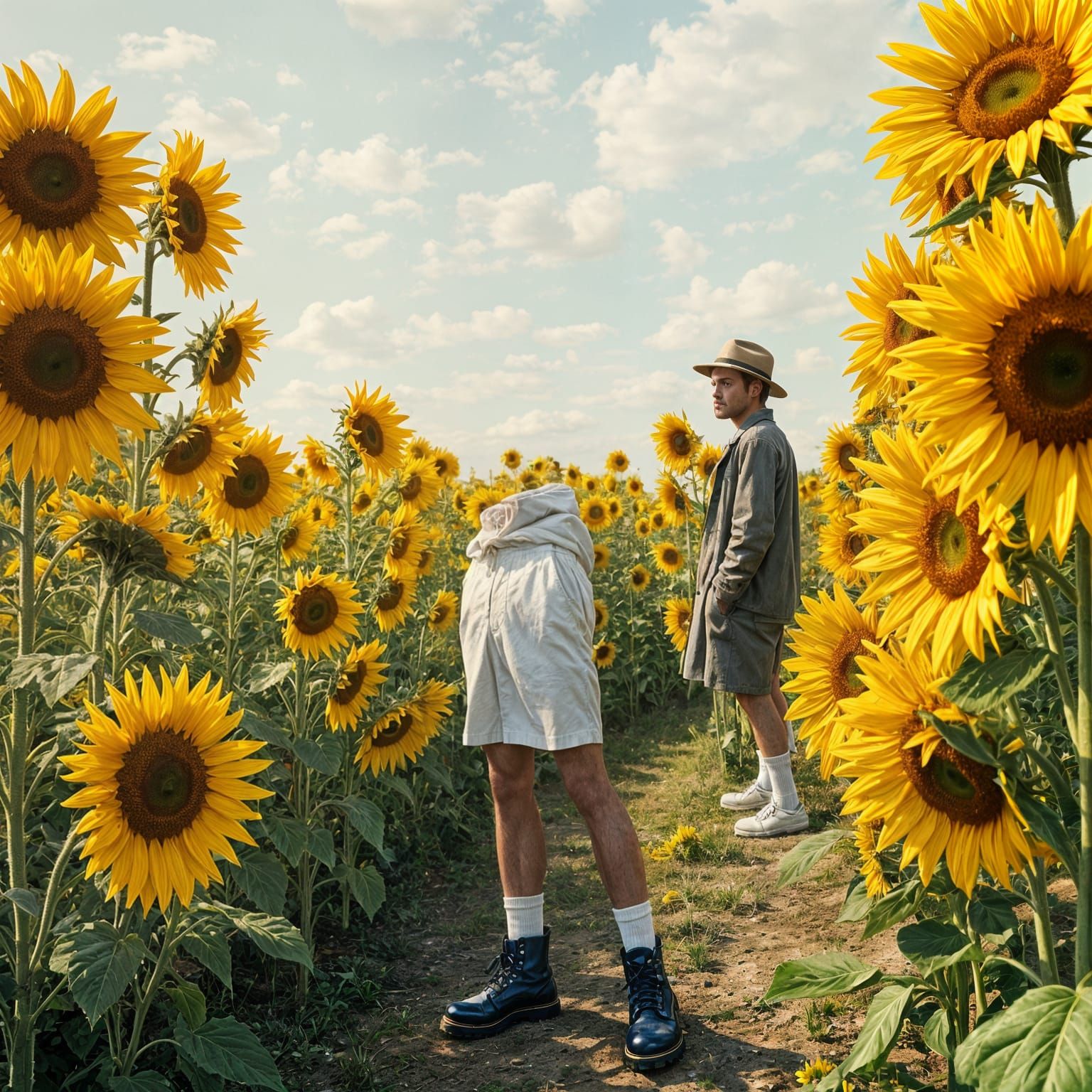 Handsome Young Man Amidst Sunflowers in a Field