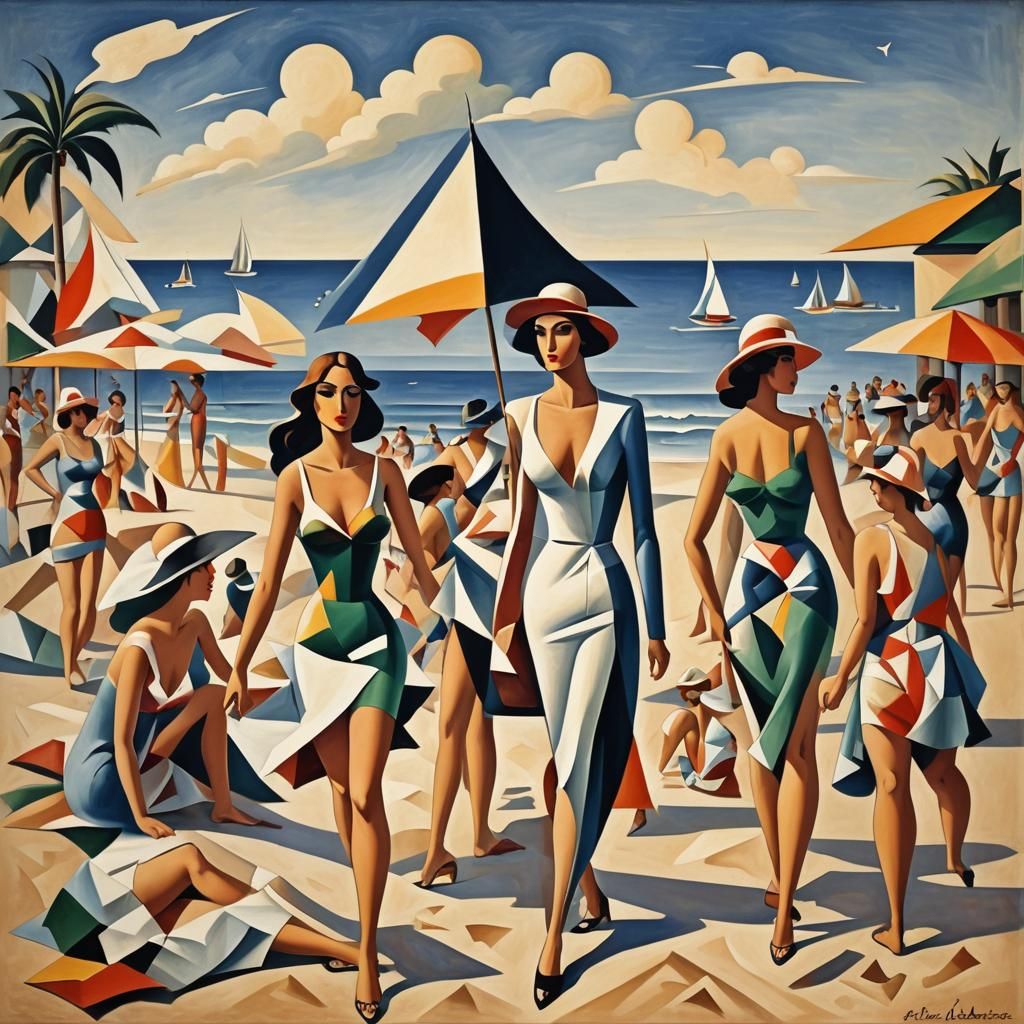 Abstract Beach Scene in Cubist Style