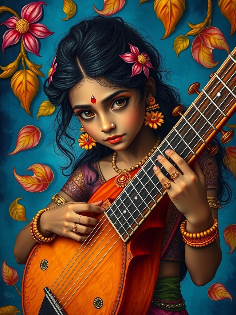 Surreal Indian Woman Playing Sitar with Vivid Colors