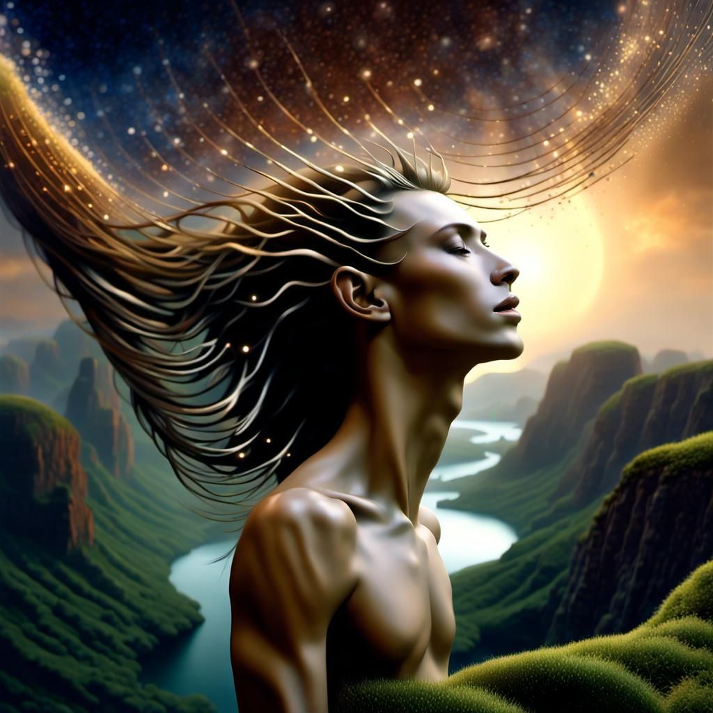 Ethereal Alien Model in Surreal Sky Garden