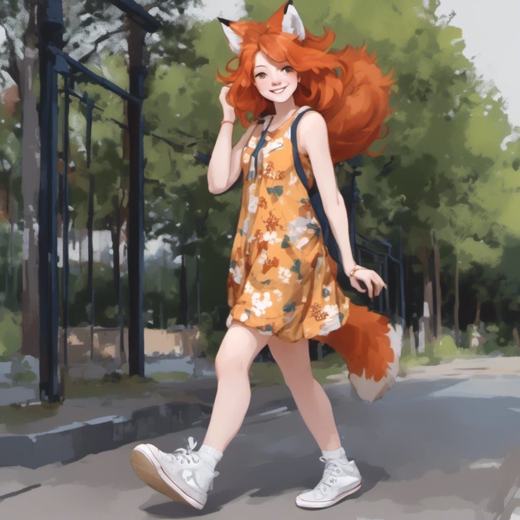 Adorable Fox-girl VIXEN, ginger wavy hair, wearing a sleeveless sundress.