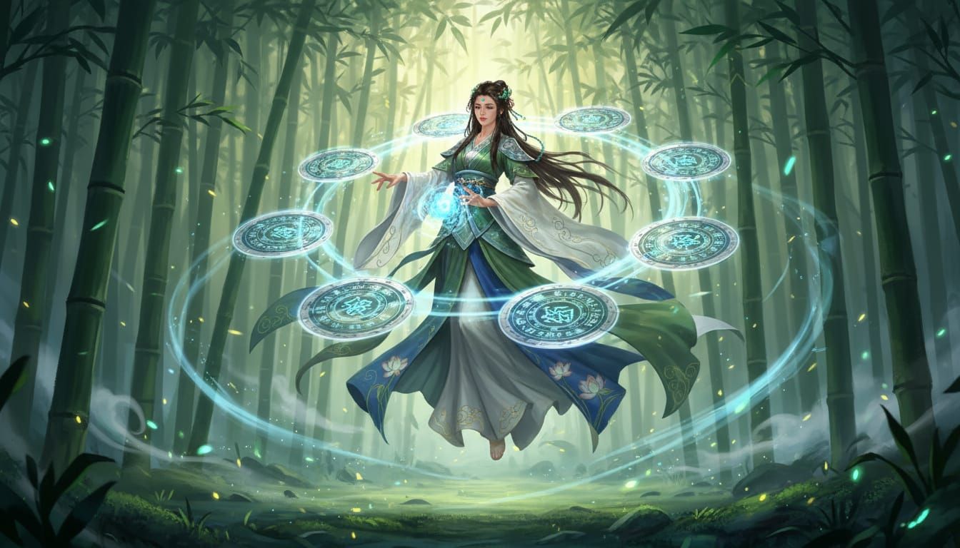 Wuxia Fairy Maiden Casting Spell in Bamboo Forest
