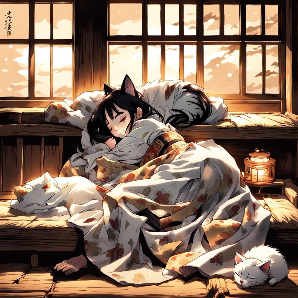 Girl Sleeping with Cat in Cozy Hut, Anime Style