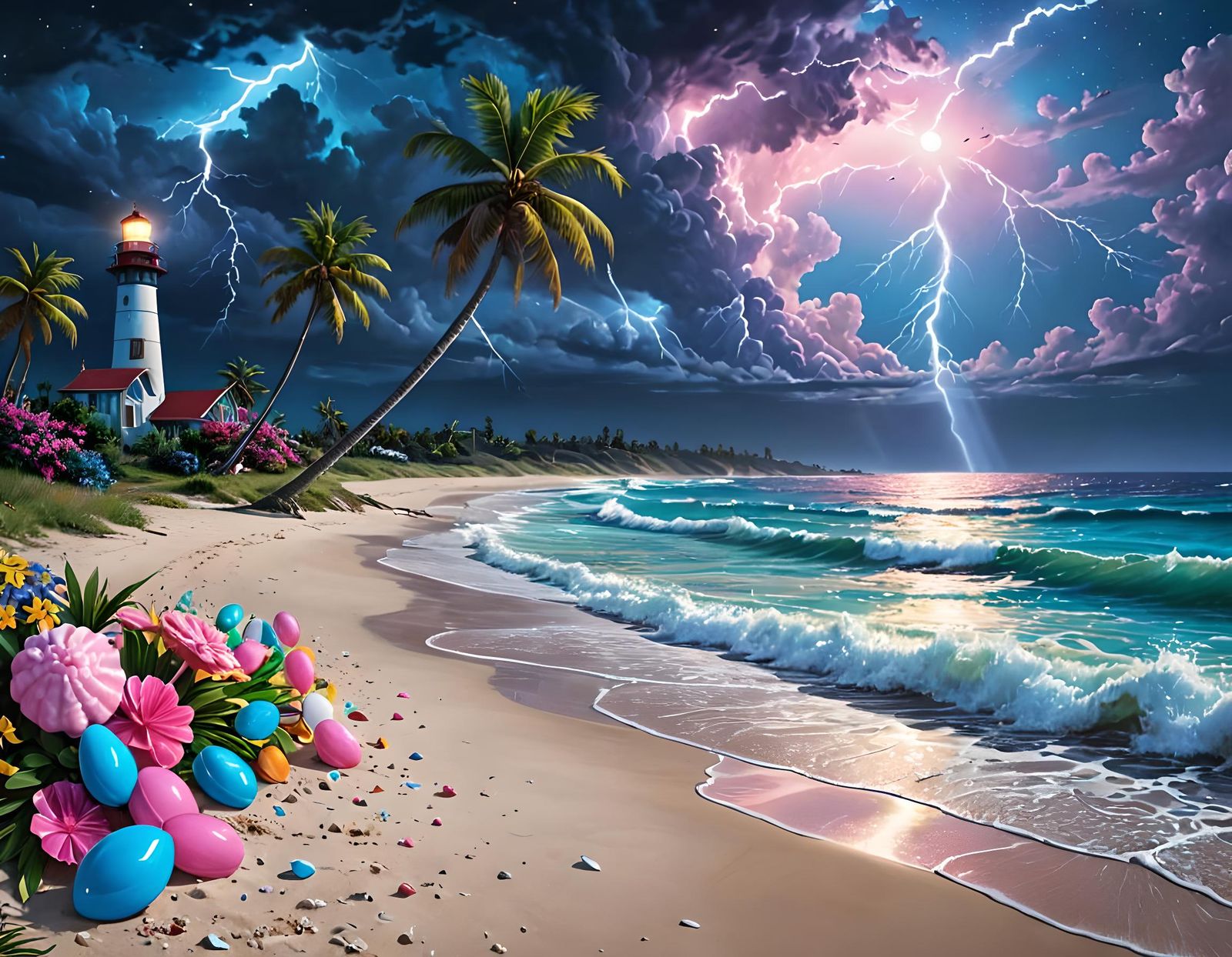 Vibrant Beach Scene at Sunset with Lightning