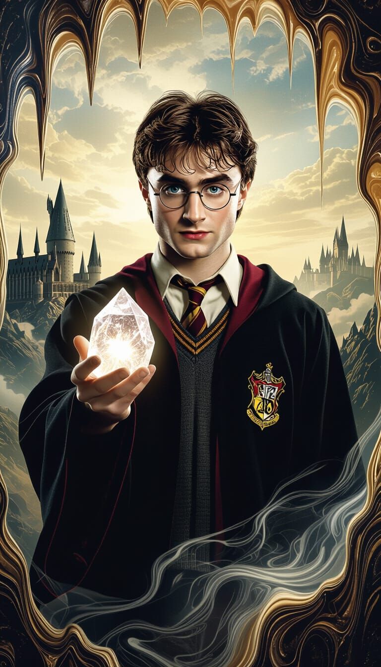 Harry Potter and Crystal in a Surreal Oil Painting
