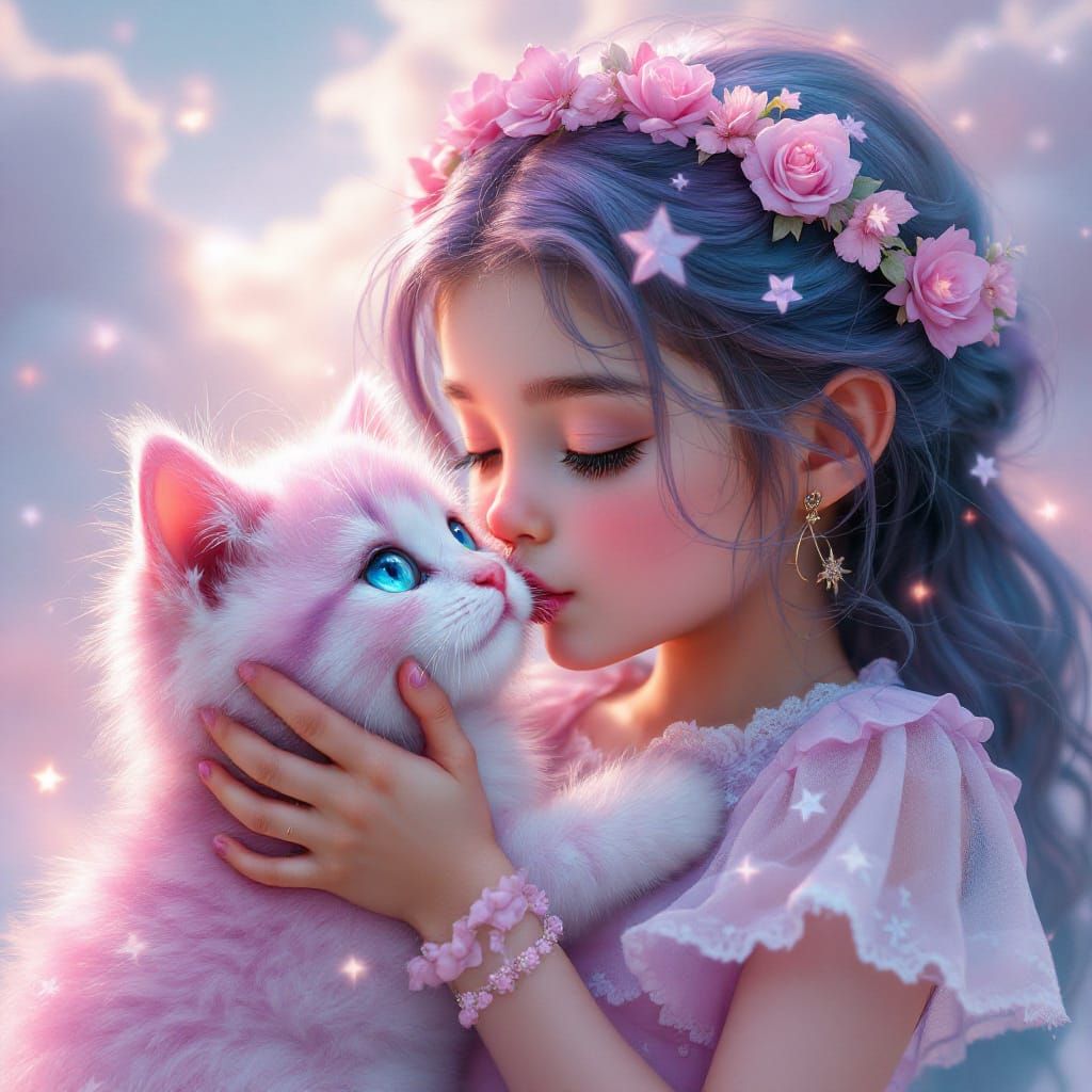 Girl and Kitten in Hyperrealistic Pop Digital Art