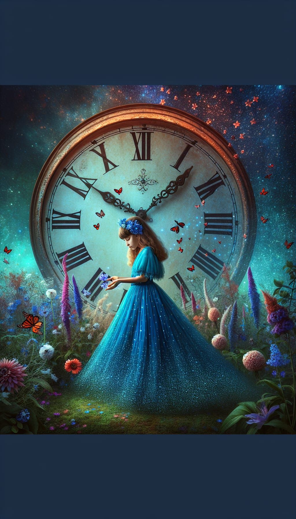 Enchanted Garden: Girl with Clock in Dreamlike Scene