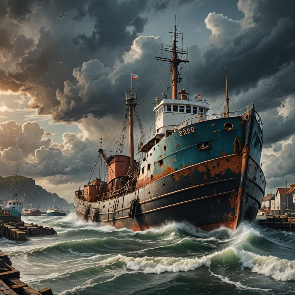 Hyperrealistic Trawler in Harbor Under Stormy Sky