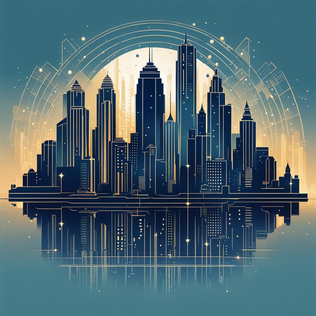 Art Deco Cityscape at Night in Blue Palette