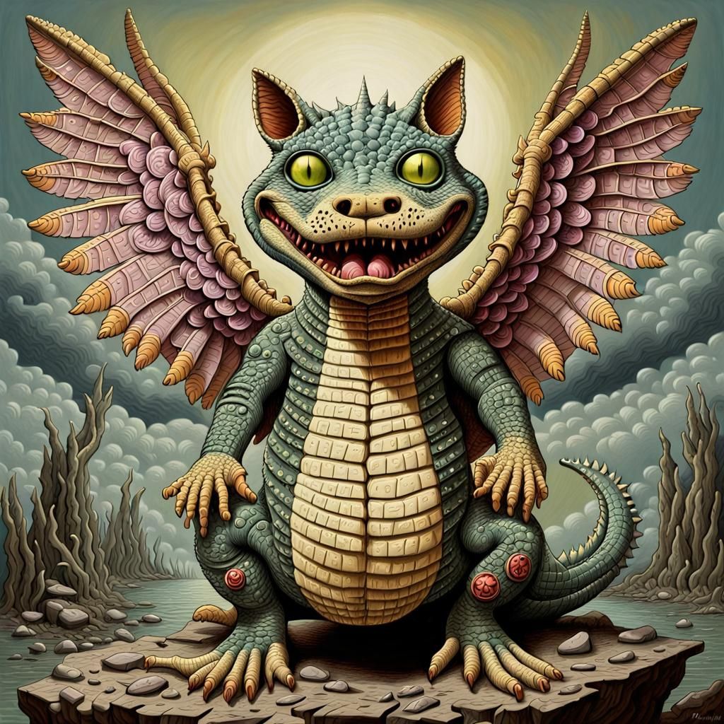 Sinister Surreal Angel Crococat in Impasto Style